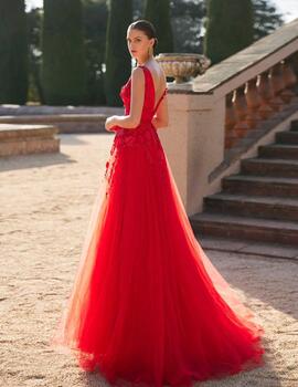 Vestido MARFIL tul encaje rojo